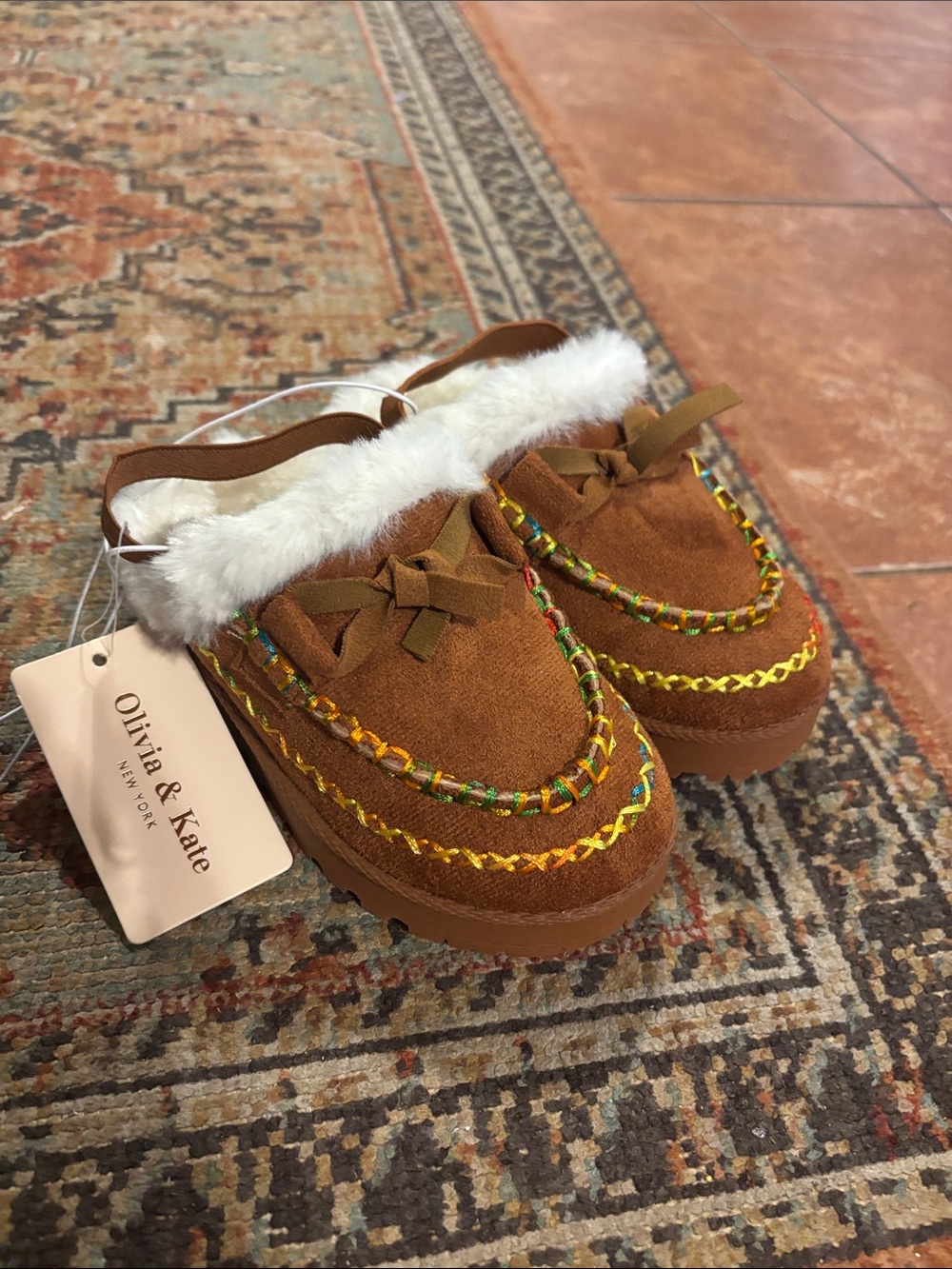 Olivia & Kate Kids' Chestnut Faux-Fur Moccasin Slippers